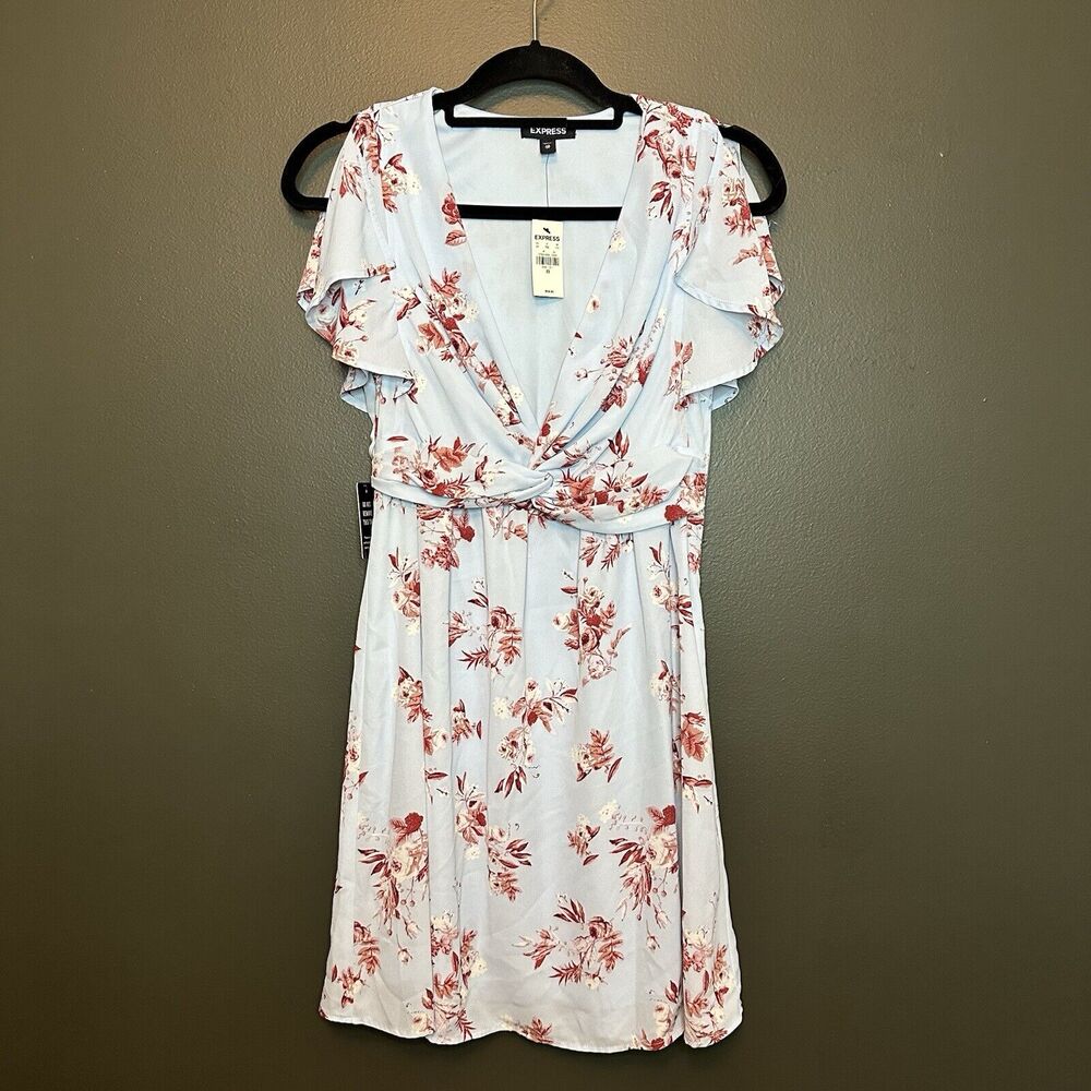 NWT Express Floral Twist Front Fit And Flare Dress Blue Sz XS - Picture 1 of 6